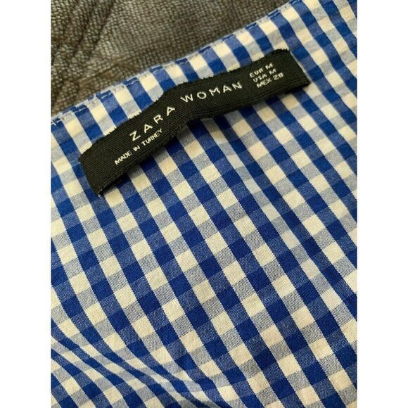 Zara Womens Blue White Checked Long Sleeve Baby Doll V Neck Top Medium - Picture 5 of 5